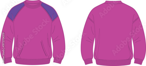 Front and back view of a pink and purple color-blocked sweatshirt with raglan sleeves and pockets