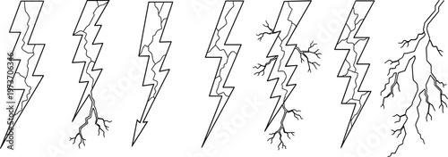 Lightning bolt collection with electric sparks and cracks isolated on white background, thunderstorm energy concept illustration for power, electricity, and dynamic design elements