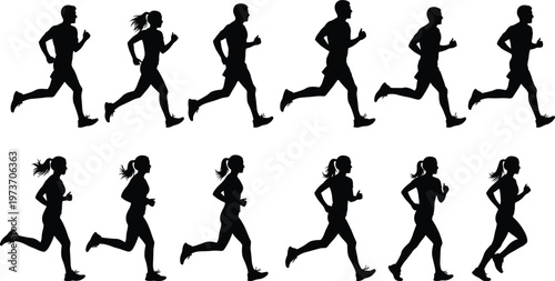 Running people silhouettes collection isolated on white background, male and female jogger poses illustration for fitness, sport training, healthy lifestyle, and active movement concepts
