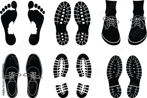 Shoe sole silhouettes collection isolated on white background, footwear tread pattern illustration set for design, fashion industry, and product branding elements