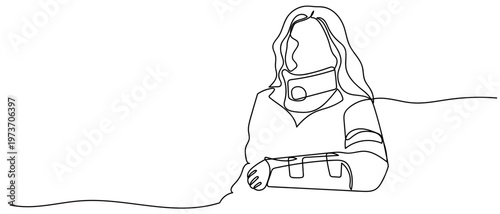 Continuous one line drawing of a woman wearing a neck and arm brace. One line drawing. Editable stroke.