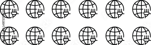 Vector Set of Twelve Minimalist Black Line Globe Icons with Electric Plugs Representing Global Energy International Power Connection and Sustainable Electricity World Concepts