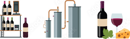 Wine Production and Tasting Vector Set Featuring Distillery Equipment for Fermentation Bottled Red Wine on Shelves Glass of Red Wine Cheese and Grape Leaves