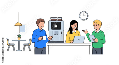 Coworkers Chatting Around Office Coffee Machine