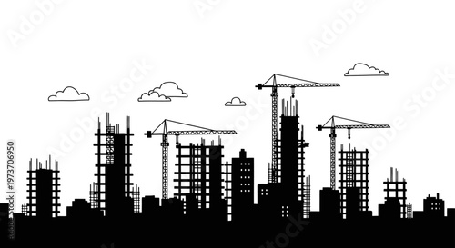 an urban construction site silhouette featuring a dynamic city skyline with active cranes and growing buildings symbolizing development and progress.