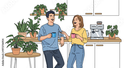 Coworkers Laughing at Modern Office Kitchen