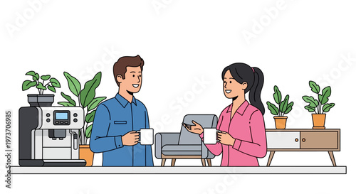 Coworkers Sharing Coffee in Modern Breakroom