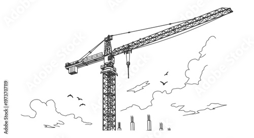 construction crane towering over a building site with rebar clouds and birds symbolizing industrial development and urban engineering.