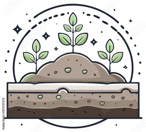 Tiny plants sprout from fertile soil enclosed in a protective dome, symbolizing growth and nature