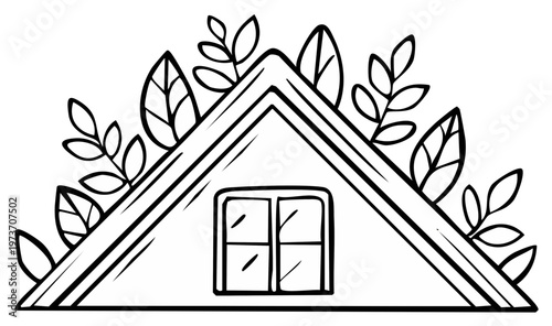 Hand drawn attic gable roof with window surrounded by delicate leaves and branches in a simple line art style