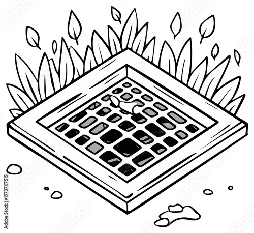 Isometric illustration of a square drain and surrounding plants