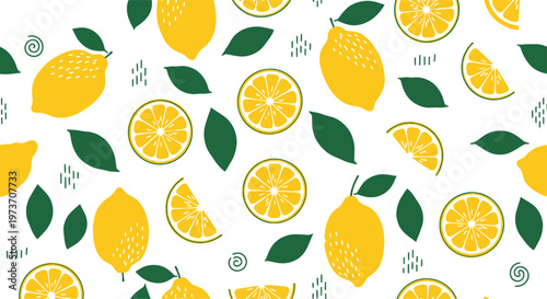 Vibrant lemon pattern with green leaves and decorative swirls