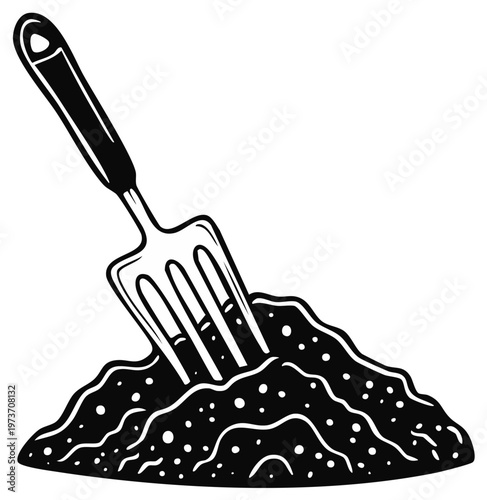 Garden Fork Digging Into Rich Soil Preparing For Planting