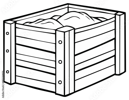 Line art style illustration of wooden box filled with sand, close up view and clear outlines, cartoon style art and design