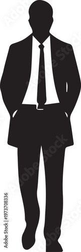 Professional businessman in suit and tie with hands in pockets silhouette.