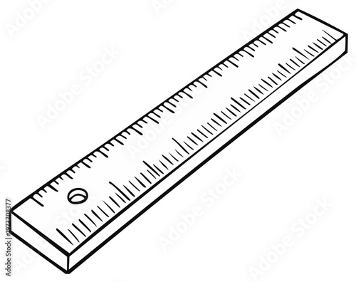 Isometric view of a wooden ruler with measurements and a hole