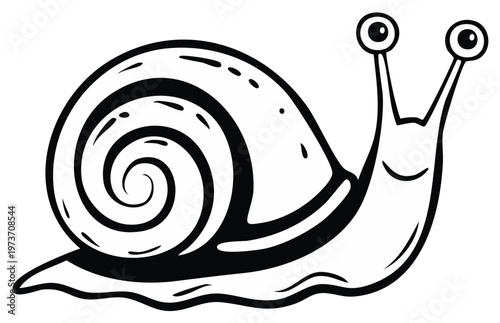 Cartoon snail illustration, simple black and white drawing, happy creature