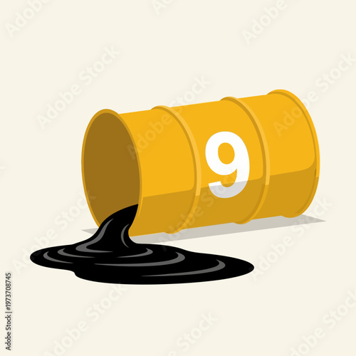 a yellow oil barrel marked with the number 9 spilling crude oil symbolizing environmental impact and energy sector issues.