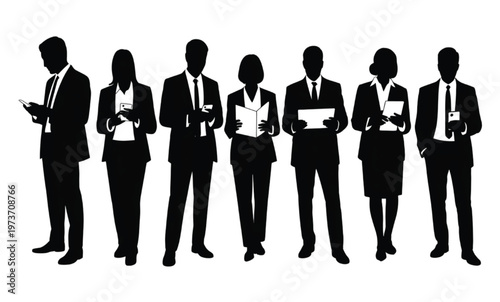 Black and white silhouettes of business people holding devices vector illustration EPS PNG file