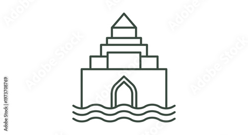 a minimalist tiered temple pagoda lighthouse icon emerging from water representing ancient architecture and spiritual landmarks