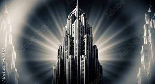 Dramatic Art Deco Skyscraper Rising with Powerful Light Beams