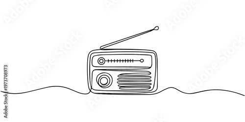 Radio continuous one line drawing, Continuous one line drawing of retro classic radio player. Vintage analog, World radio day concept in single line vector illustration. one line art icon drawing