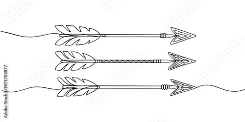 Tribal arrow feather continuous one line drawing, Tribal arrows feathers continuous one line drawing, arrow engraving black and white outline, Weapon bow for throwing arrows hand drawn in doodle style