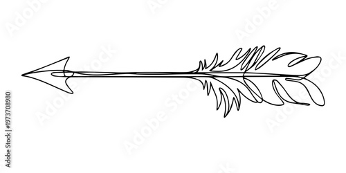 Tribal arrow feather continuous one line drawing, Tribal arrows feathers continuous one line drawing, arrow engraving black and white outline, Weapon bow for throwing arrows hand drawn in doodle style