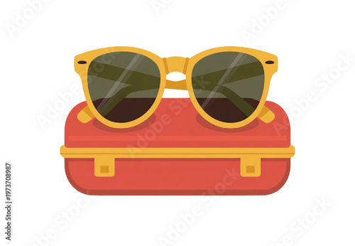 Yellow sunglasses resting on red suitcase travel vector illustration EPS PNG file