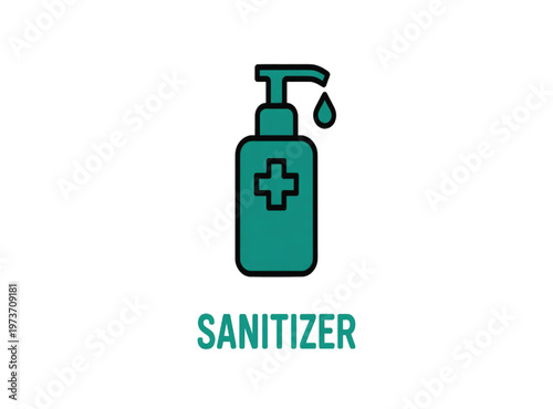 Green sanitizer bottle with cross and drop, minimalist vector illustration EPS PNG file