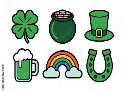 Vibrant st. patrick's day symbols: clover, pot of gold, hat, beer, rainbow, horseshoe vector illustration EPS PNG file