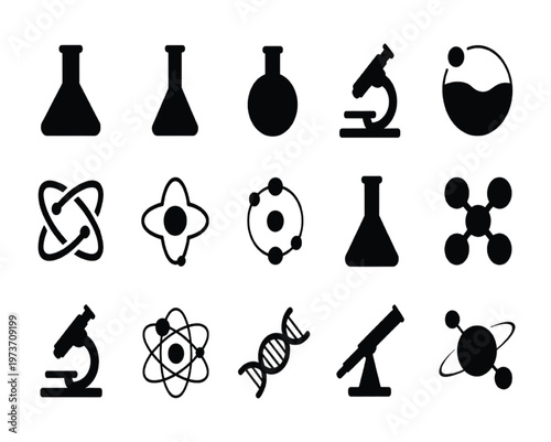 Collection of 15 minimalist black science and chemistry vector illustration EPS PNG file