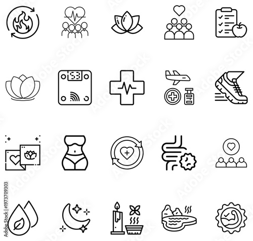 Collection of thin line representing health wellness fitness and medical concepts