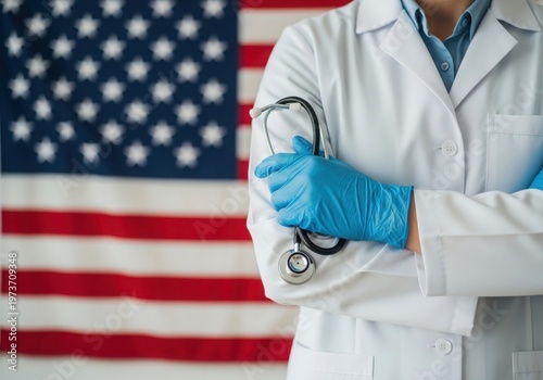 Doctor holding stethoscope in front of american flag background
