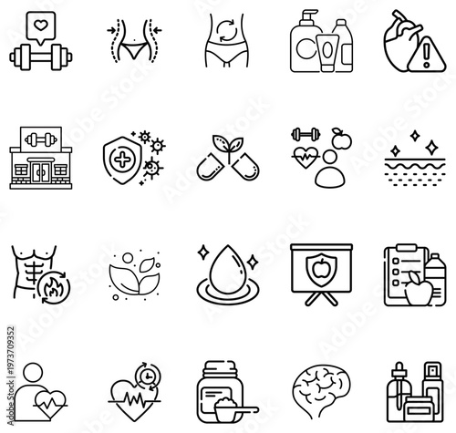 Health and Wellness Set Dumbbell Heart Brain Skin Care and Fitness Symbols
