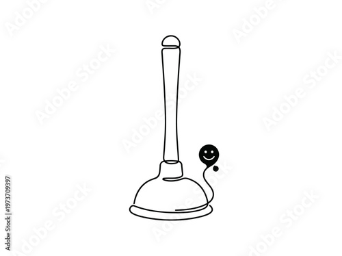 Sink Plunger with Smiling Bubble Single Continuous Line Drawing Minimalist Monoline Cleaning Tool Vector Illustration
