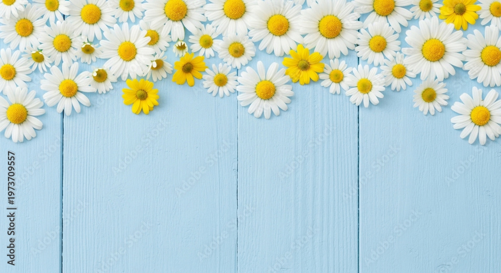 Obraz premium Daisies on light blue wooden background with white and yellow flowers