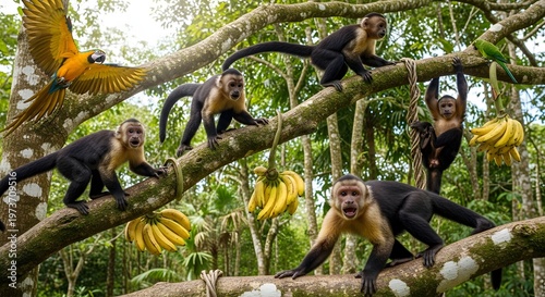 A troop of capuchin monkeys and a macaw bird in a lush, green jungle with bananas hanging from trees