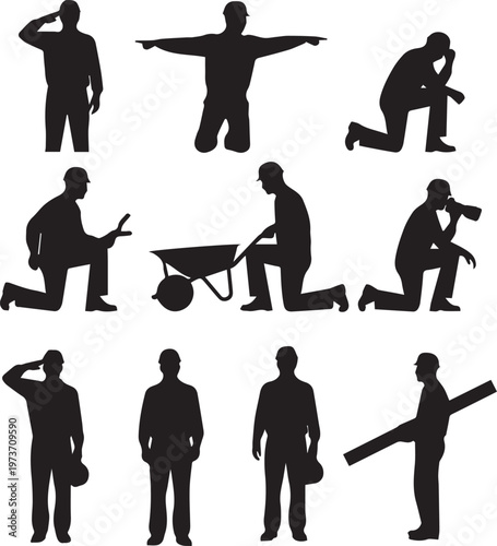 Construction worker silhouettes professional builder character poses.