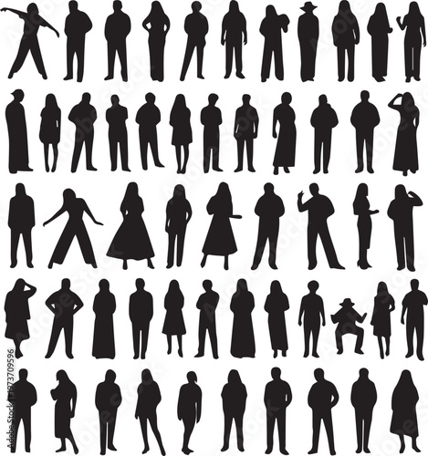 Large crowd silhouette collection diverse people standing positions.