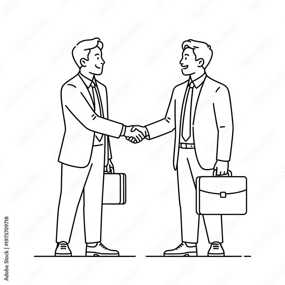 Fototapeta premium Businessmen shaking hands with briefcases suits handshake agreement partnership