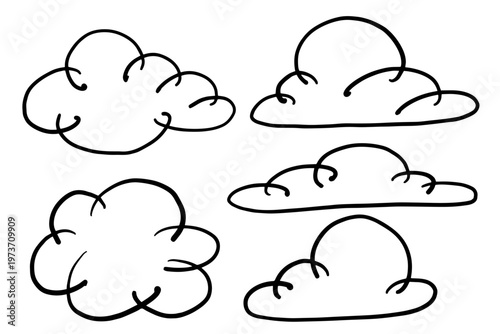 Set of decorative, abstract doodle clouds. Vector graphics.