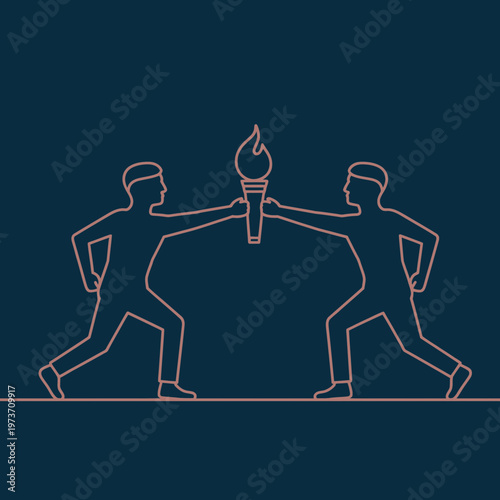 Two men passing torch, line art illustration hand off flame runners athletic