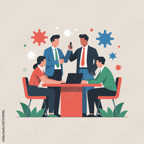 Business team discussing virus outbreak strategy meeting discussion office work