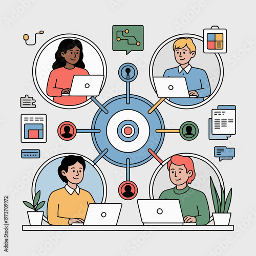 Remote team collaboration vector illustration teamwork communication online meeting