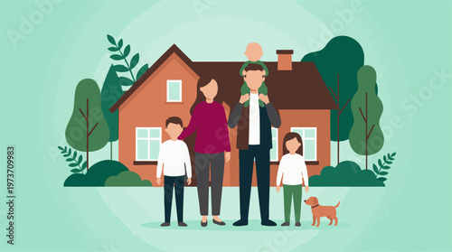 Happy family with children, baby and dog in front of their house