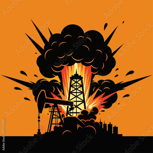 oil explosion environmental disaster burning oil rig black smoke over industrial city symbolizing fossil fuel crisis.