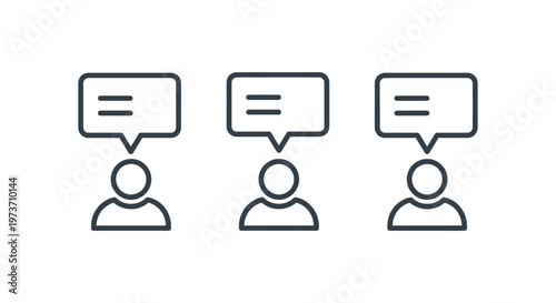 three generic people icons with speech bubbles representing communication discussion collaboration and social interaction.
