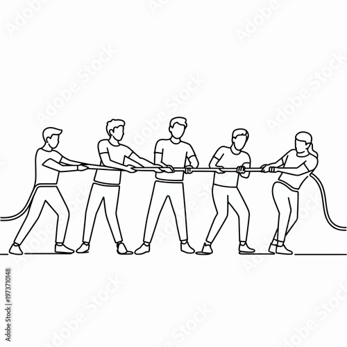 People pulling rope team effort line art illustration teamwork cooperation tug