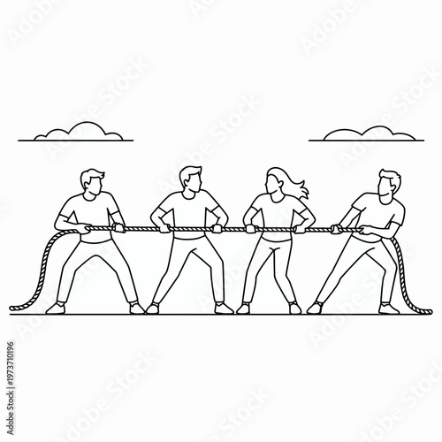 People pulling rope team effort line art teamwork cooperation illustration vector